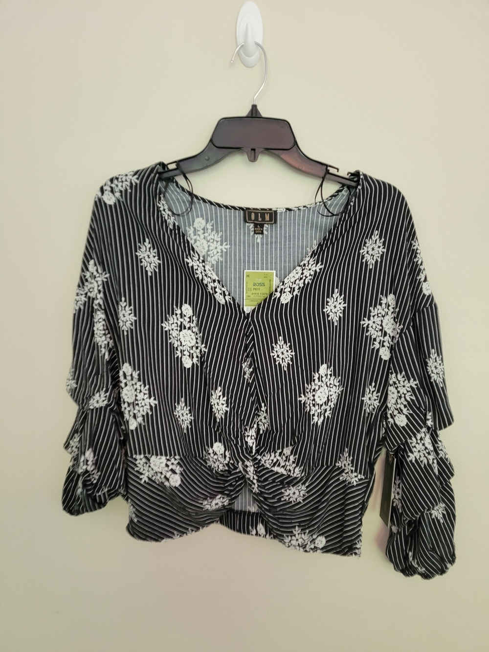 OLM Black & White Striped Floral Knot-Front Blouse